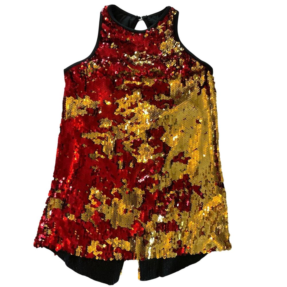 Weissman Womens Sequin Red Gold Tank Style Top Flowy Split Back Keyhole Size S